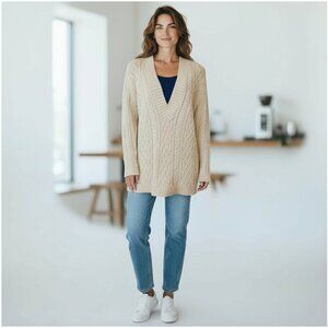 JEANNE PIERRE Cableknit Sweater Women's 100% Cotton Deep V-Neck Cream
